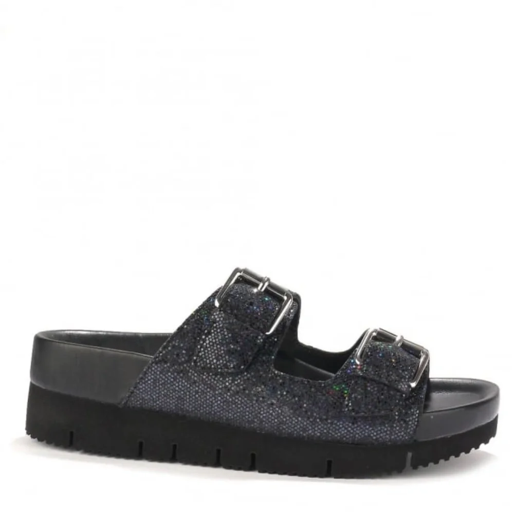 Ash Womens Black Sparkle Double-Buckle Slide Sandals